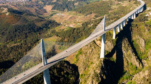 Aerial view of Viaduto do Corgo in Vila Real, Portugal. Highroad and landscape from above.