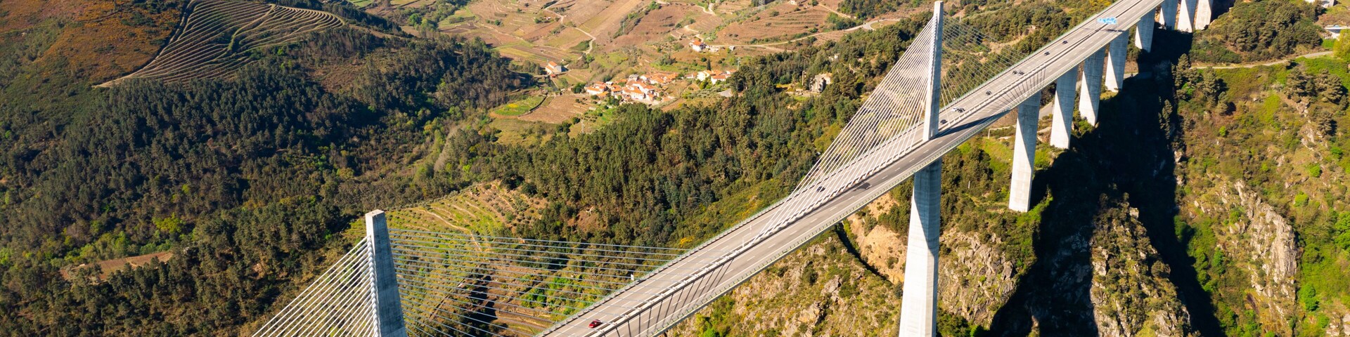 Aerial view of Viaduto do Corgo in Vila Real, Portugal. Highroad and landscape from above.
