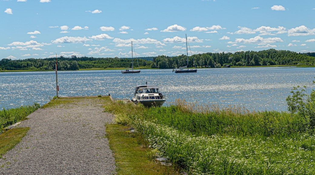 Een grindpad dat leidt naar een rustig meer met bootjes, een heldere lucht en een bebost oever.