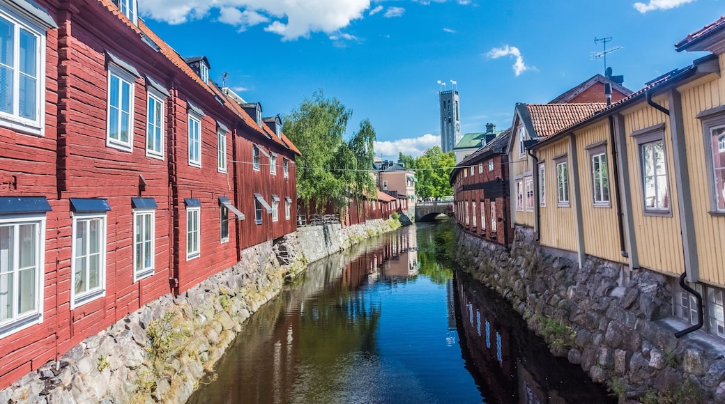 Colorful houses by the canal in the city center of Vasteras, Sweden
