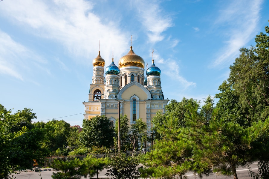 Russia, Vladivostok, July 2018: Cathedral of Intercession of Holy Virgin; Shutterstock ID 1238855896; Purchase Order: SP-2360 JAL Vladivostok Q1 2020 EXP JP; Client/Licensee: Expedia.com