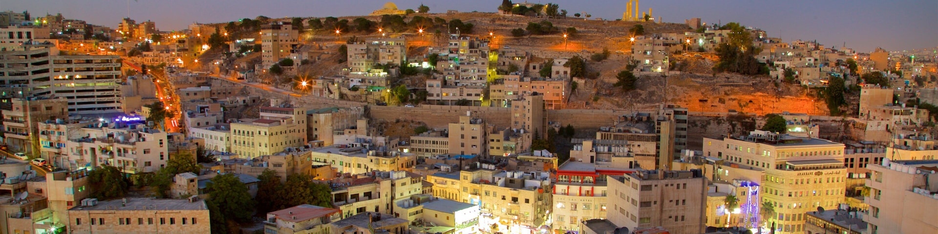 A densely built urban area with a mix of residential and commercial buildings, a prominent hill with ruins, and a flag on top.
