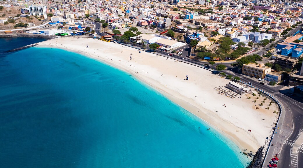 A coastal city with a wide sandy beach, a clear blue sea, and densely packed buildings.