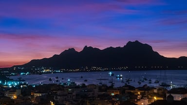 Mindelo, São Vicente, Cape Verde - November 13, 2025 : night view of the city of Mindelo on the island of São Vicente