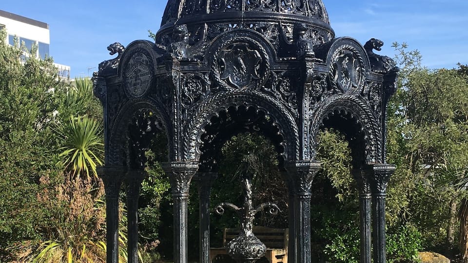 The ornate metal work of a fountain at the Wanganui Racecourse, the fountain originally comes from Glasgow