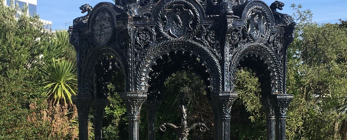 The ornate metal work of a fountain at the Wanganui Racecourse, the fountain originally comes from Glasgow