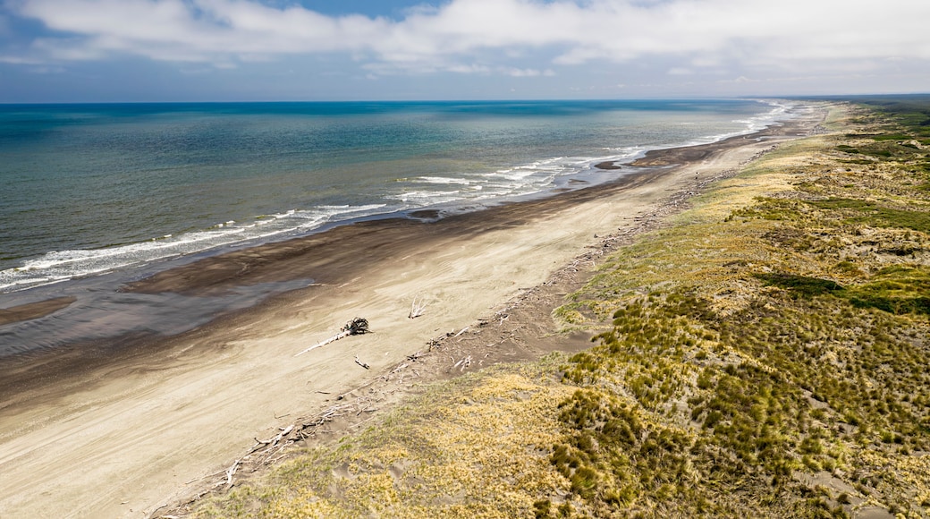 Aerial view of Moana Roa beach, Santoft, Bulls, Manawatu-Whanganui, New Zealand.