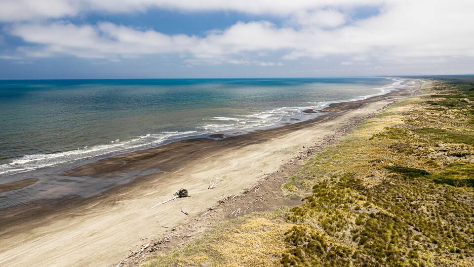 A coastal landscape with a sandy beach, ocean, and grassy dunes.
