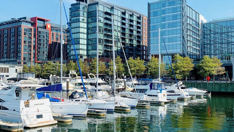 A marina with several yachts docked, surrounded by modern buildings and a clear blue sky.