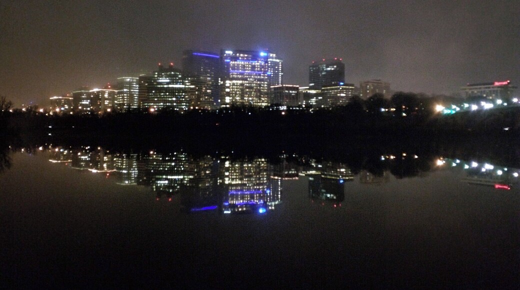 View of Rosslyn, VA, across the Potomac River from Georgetown. That evening the river was placid, setting the scene for a picture perfect reflection of the skyline.