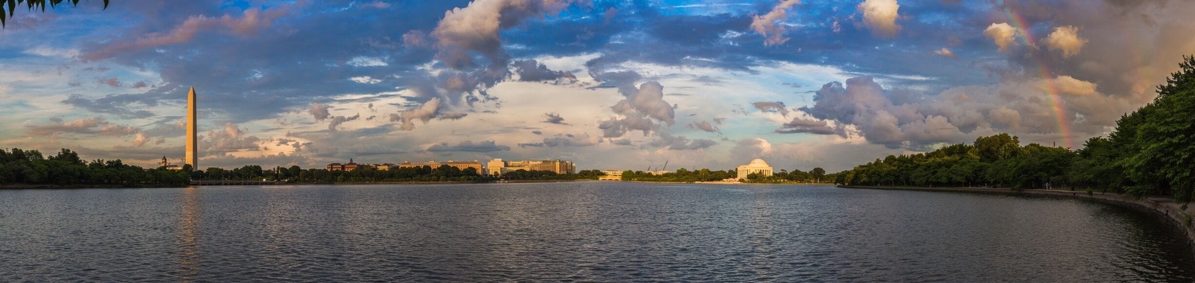 On a recent school field trip to DC, I was able to take this 8-image panorama from the FDR Memorial of the Washington Monument and Jefferson Memorial just as the sun was approaching the horizon before sunset and just as a rainbow appeared by Jefferson's memorial.
 
Canon 6D w/ Canon 40mm STM f/2.8 at 
f/8, ISO 800

#GoldenHour
