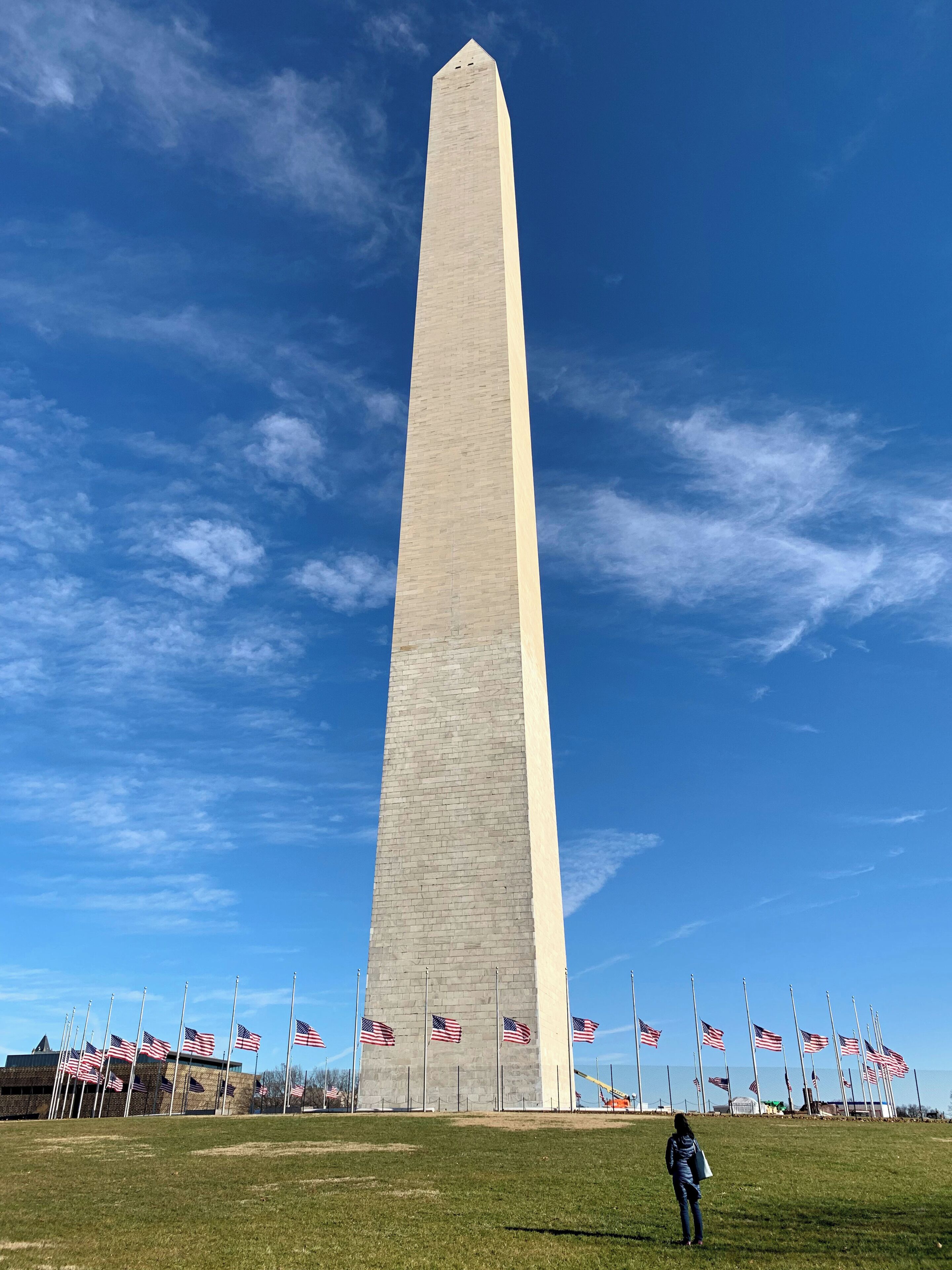 The Washington Memorial is still as impressive today as when it stood as the world's tallest structure from 1884 - 1889.  It took more than 40 years to complete (partly due to the Civil War), and if you look closely you can see exactly where construction halted and resumed - a new quarry was used and the marble is a different color.

Photo taken in late Dec 2018, with the flags at half-staff to honor the passing of President Bush.