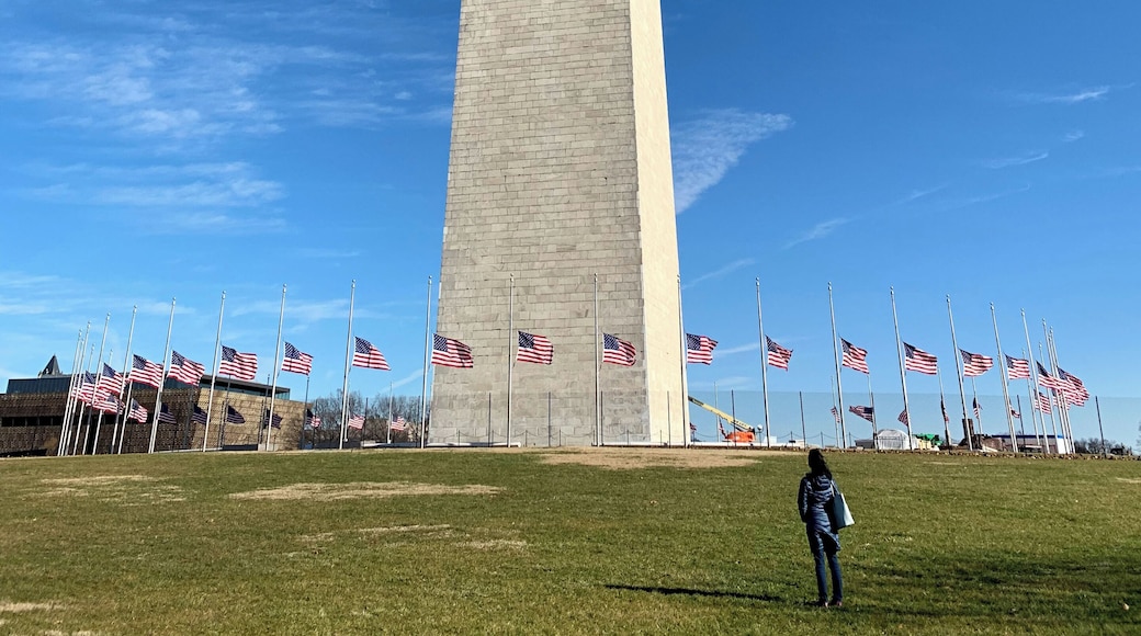 The Washington Memorial is still as impressive today as when it stood as the world's tallest structure from 1884 - 1889. It took more than 40 years to complete (partly due to the Civil War), and if you look closely you can see exactly where construction halted and resumed - a new quarry was used and the marble is a different color.
Photo taken in late Dec 2018, with the flags at half-staff to honor the passing of President Bush.