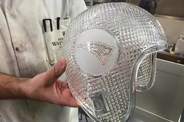 Getting a peek at the unfinished Waterford Crystal helmet of the Super Bowl Champions, the New England Patriots.