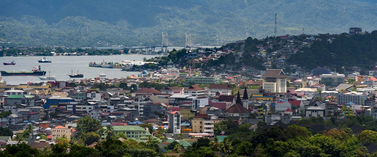 A coastal city with mountains in the background, a bridge, and several boats on the water.