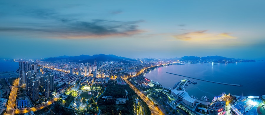 China, Weihai, coastline, city, city skyline, architectural landscape, building, architecture, background, metropolis, downtown,