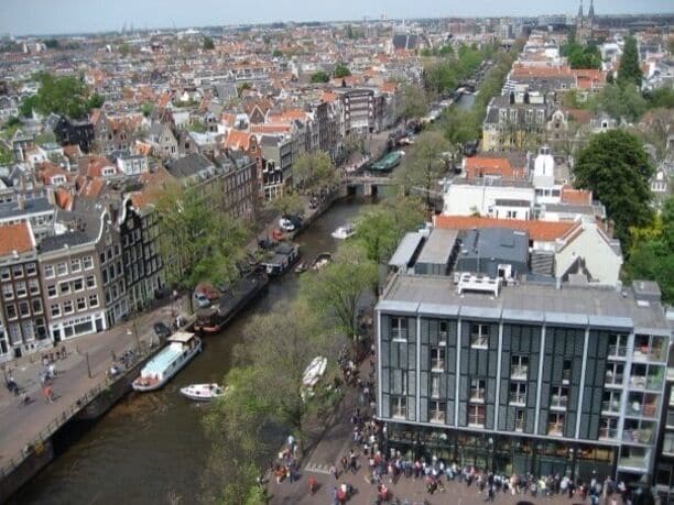 Aerial view from the #Westerkirk Tower of #Amsterdam's #architecture  the  long line of people below is the line for the #AnneFrank Huis (house) #canals #Netherlands #Holland