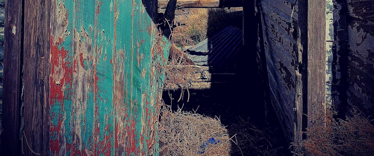 A dilapidated wooden structure with peeling paint and a view of a flat landscape.