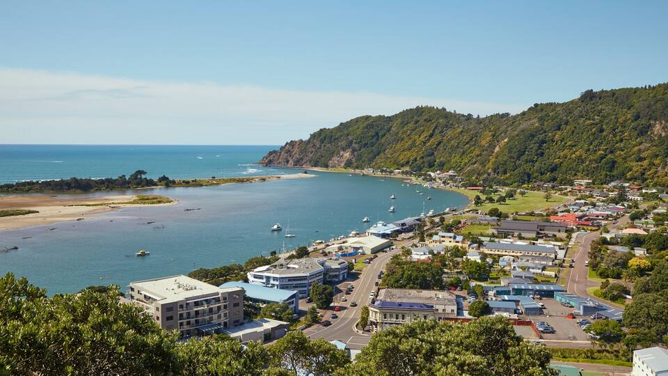 A coastal town with a bay, boats, buildings, and a hilly landscape.