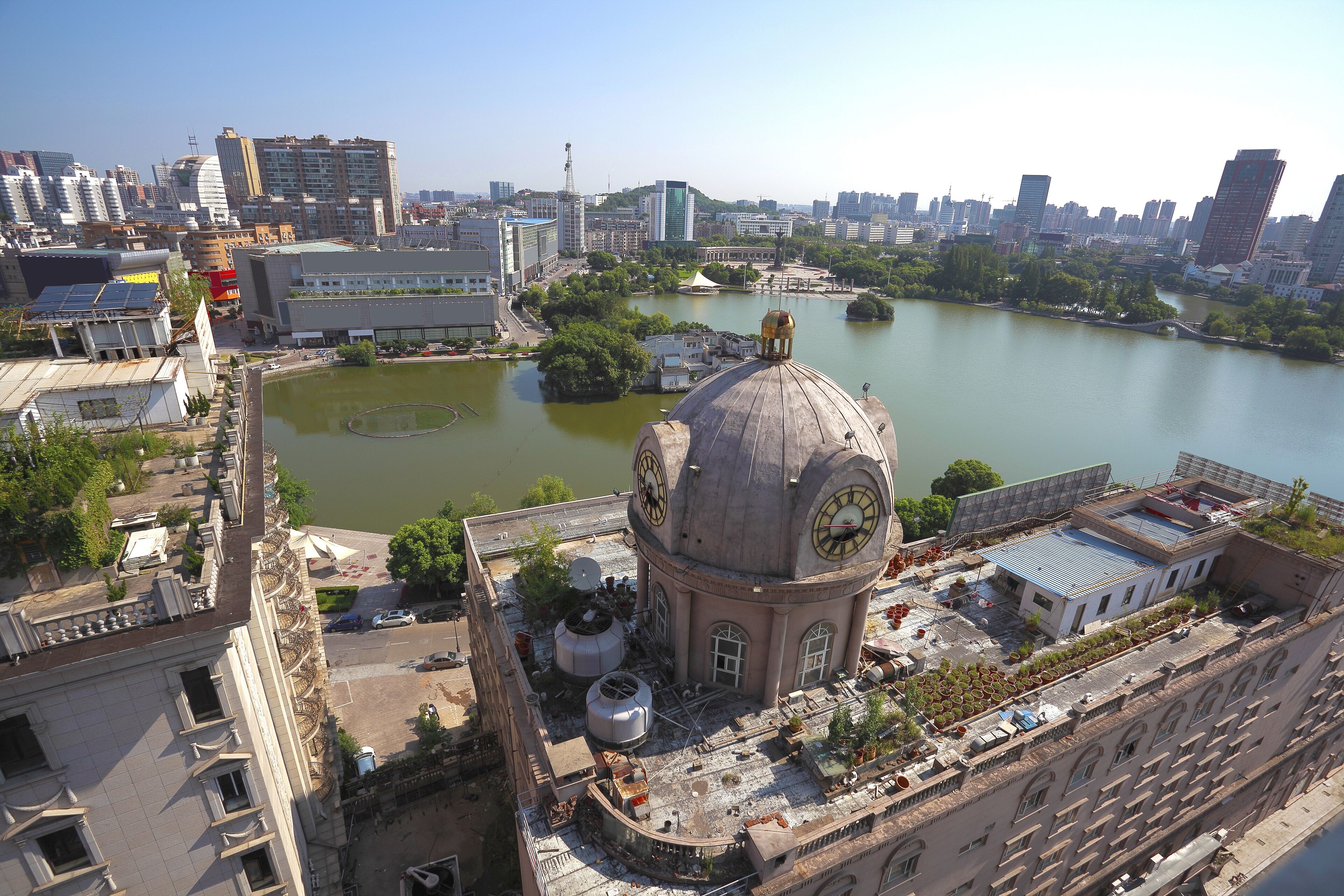Overlooking the city landscape park pond of prospect belfry