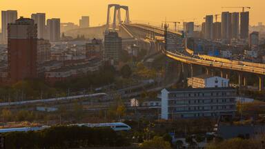 Wuhu Yangtze River Third Bridge urban viaduct and high-speed train scenery, China