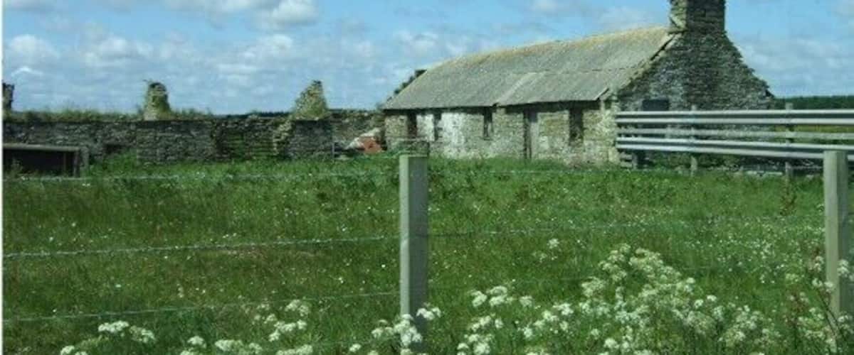 A stone building with a thatched roof, surrounded by a grassy field and a stone wall.