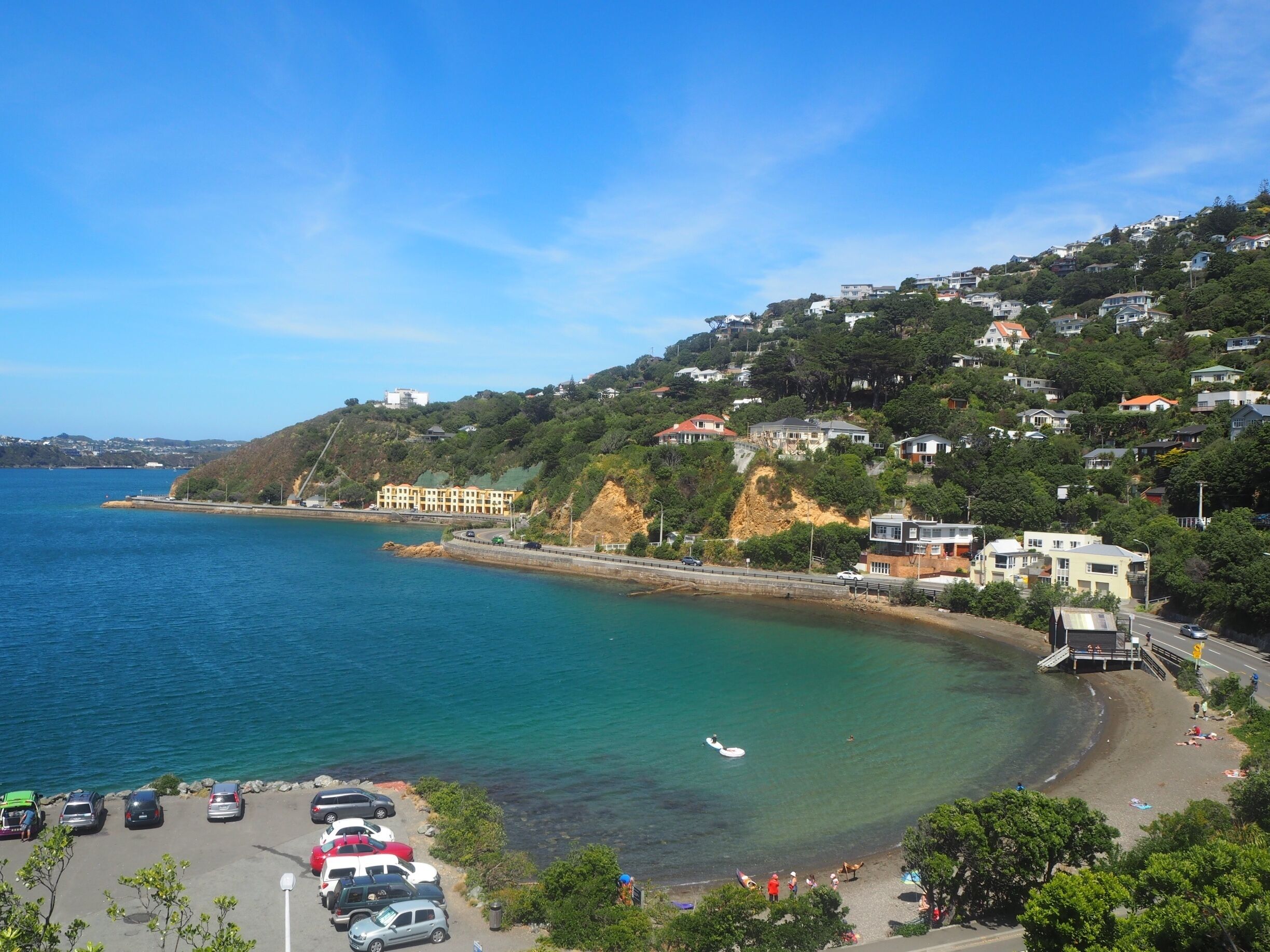 Baleana Bay, Evans Bay Parade, Wellington. On a hot summer Saturday afternoon. Many people cycling, walkingn or jogging. Holiday makers and weekenders relax and layback. Water is crystal clear and so clean. The entire Evans Bay and the Wellington Harbour is so very calm and serene, almost like a lake. It's so heavenly here. One of the best memorable vacation for me.