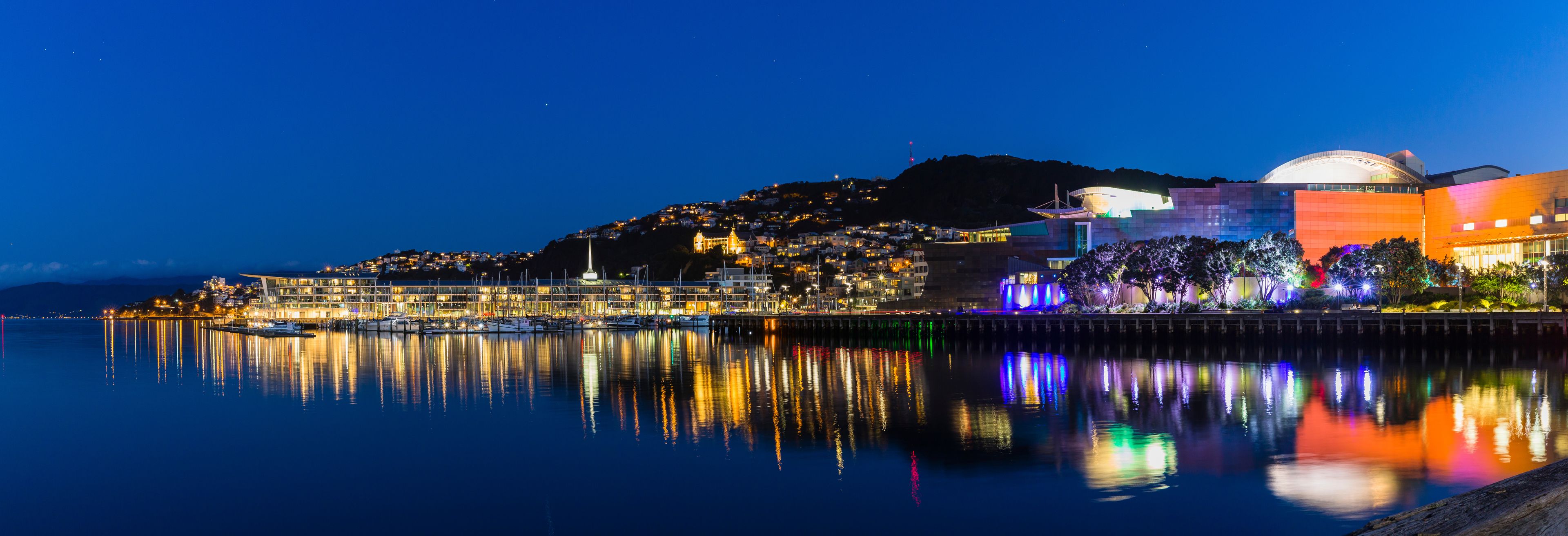 Un paisaje urbano frente al agua de noche, con edificios iluminados, un puerto deportivo y una colina con luces.