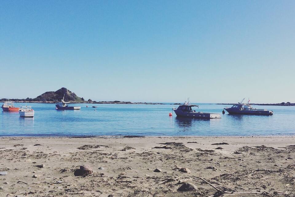 En strand med både og en klippeø i det fjerne.