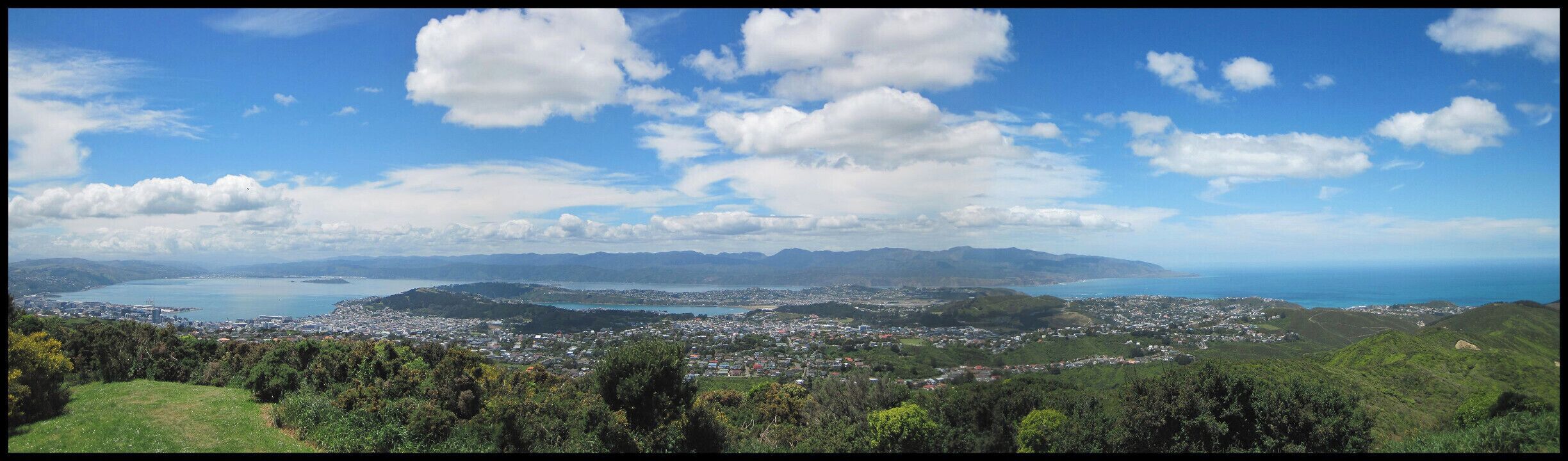View of Wellington harbour (left) to Island Bay (right) from atop the hill at the Wellington Wind Turbine. 