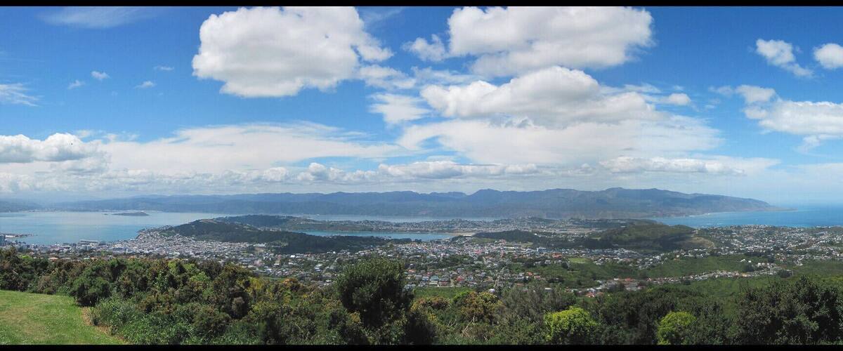 View of Wellington harbour (left) to Island Bay (right) from atop the hill at the Wellington Wind Turbine.