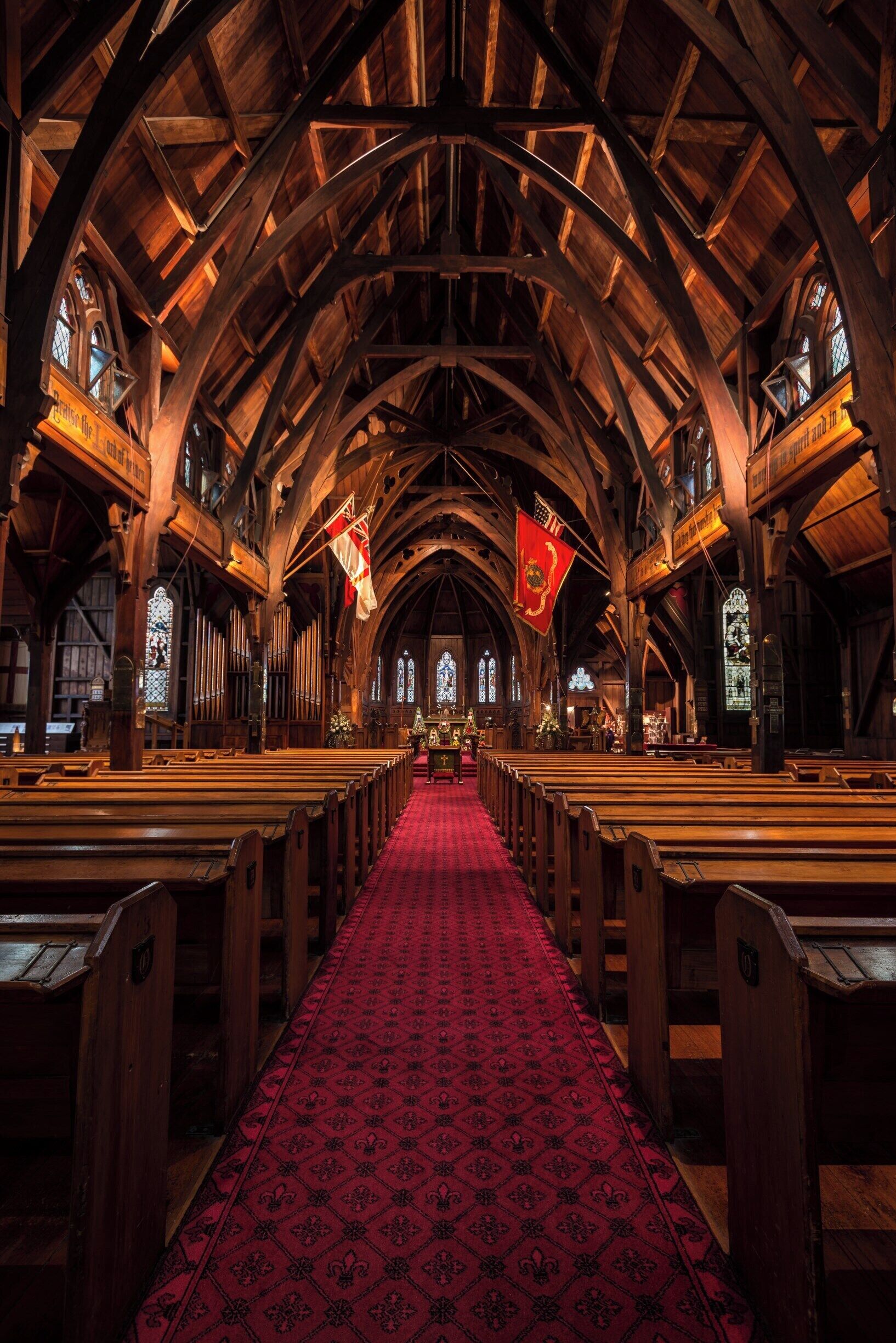 This is the interior of one of the finest timber churches in New Zealand, and is a testament to various people who helped save it.
St Paul's Church (as it was called) was finished and consecrated in 1866, built to a design by Rev Frederick Thatcher.  It served as the parish church for the suburb of Thorndon and as the Wellington Cathedral until the 1960's when a new modern cathedral was built.  Once the new cathedral was finished it was proposed to demolish this church, but growing public protest led to the NZ Government purchasing the property and placing it under the umbrella of the NZ Historic Places Trust. It was restored and reopened to the public in 1970
Old St Paul's (the new Cathedral is also called St Paul's) is still a consecrated church and is used for weddings, funerals and many other events.