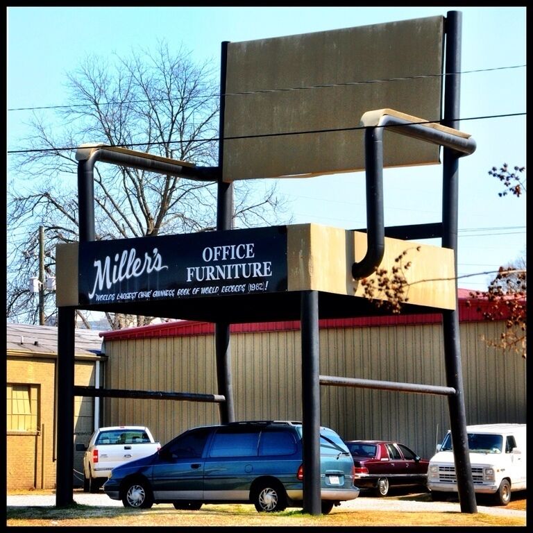 The Worlds Biggest Chair ! 

True Roadside Americana - This three-story plus armchair serves as an advertising for Miller's Office Furniture in downtown Anniston, Alabama. 

The 33-foot chair was built in the 1980s and is said to trump numerous other big chairs scattered across the planet. The actual chair is composed of 10 tons of steel so it not going anywhere without a fight !

#roadtrip - When I drive between Birmingham and Atlanta I always detour into Anniston for an enjoyable pit stop. You will find several interesting roadside curiosities, some fabulous "Down Home" Southern meals and plenty of our famous hospitality ! 

Miller's Office Furniture, Noble Street, Anniston, AL 

From I-20 Take Oxford exit 185 from I-20.Continue on S Quintard Ave.
turn left onto E 10th St then turn right onto Noble St.

#TroverDetour