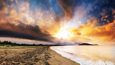 Beautiful panorama of the coastline of Maroantsetra in Madagascar at sunrise, with a dramatic sky and cloudscape