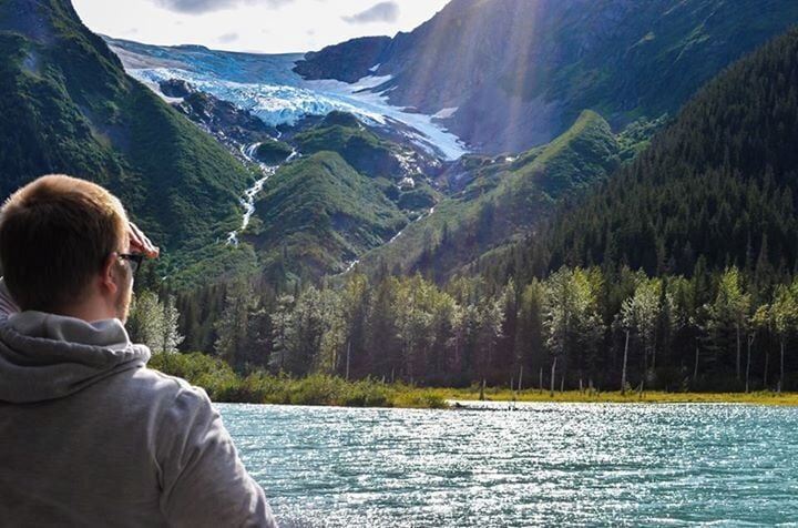 On your way to Portage Glacier, make sure to leave yourself a little time to stop at some of the hiking trails along Portage Glacier Road.  While the glacier itself is beautiful, you won't want to miss these gems of a view.  The glacier silt turns the water the most amazing shade of blue- you feel like you are in a painting!

There are plenty of hiking trails around (I can't remember the name of this particular one- Salmon something-or-other?- but this picture was taken right at the start before you even set foot on the trail.
