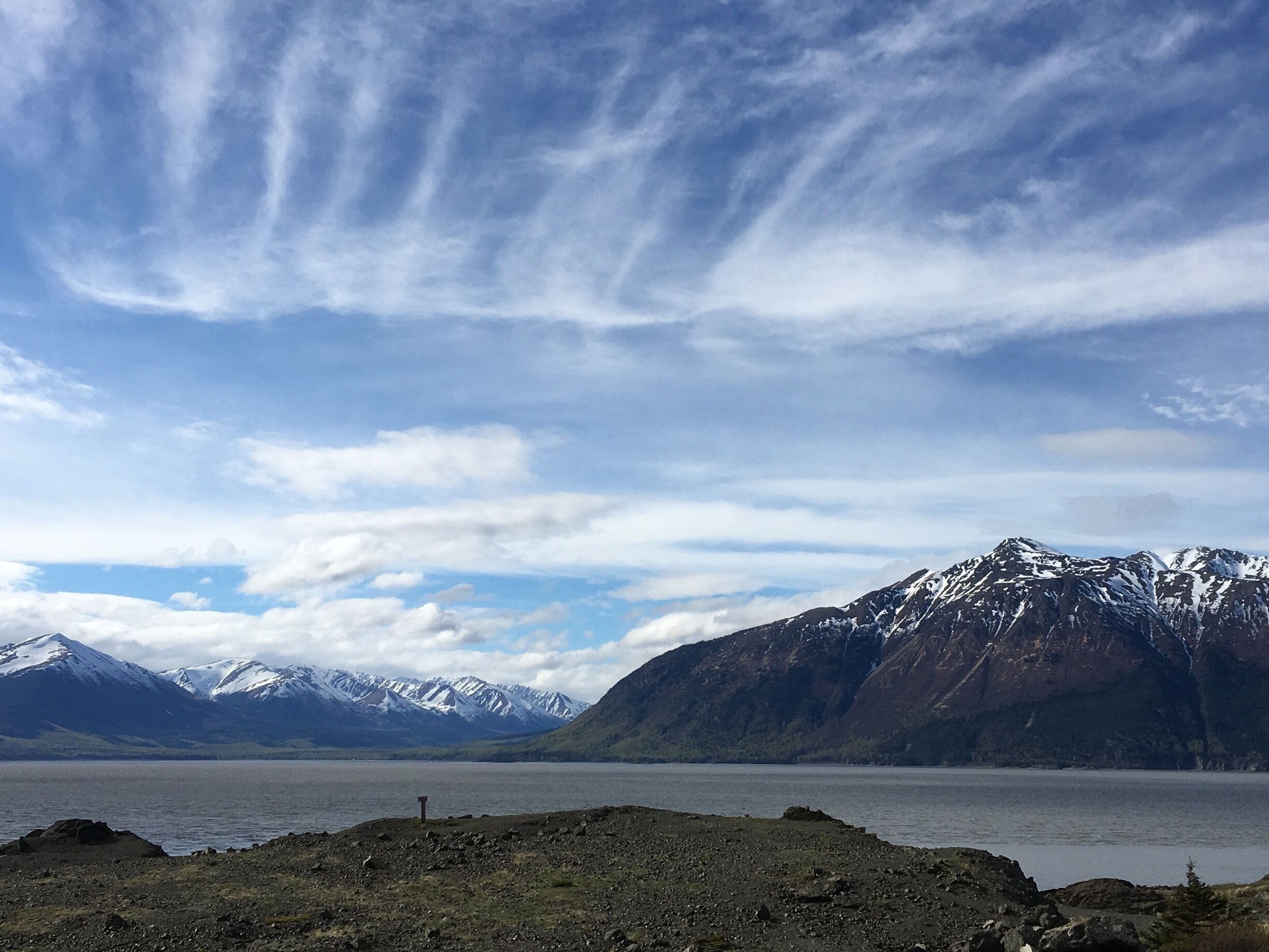 Traveling  through Anchorage area and stopped at Beluga Point which is south along the Seward Highway.  No whales but there is about 30 foot tide change and surrounding mountains still covered in the snow at the end of May.
 