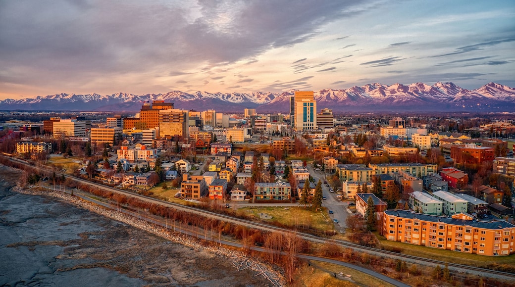 Aerial View of a Sunset over Downtown Anchorage, Alaska in Spring
