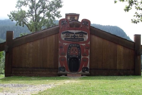 Tlingit Ceremonial House in Wrangell Alaska.
If you go around the back there is a long open shed with 3 very large totem poles lying down that used to stand here but are in need of restoration.