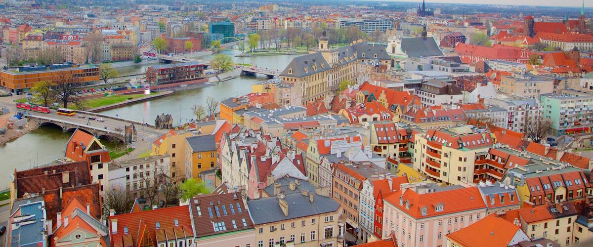 A panoramic view of a city with a river, historic buildings, and a prominent church tower.