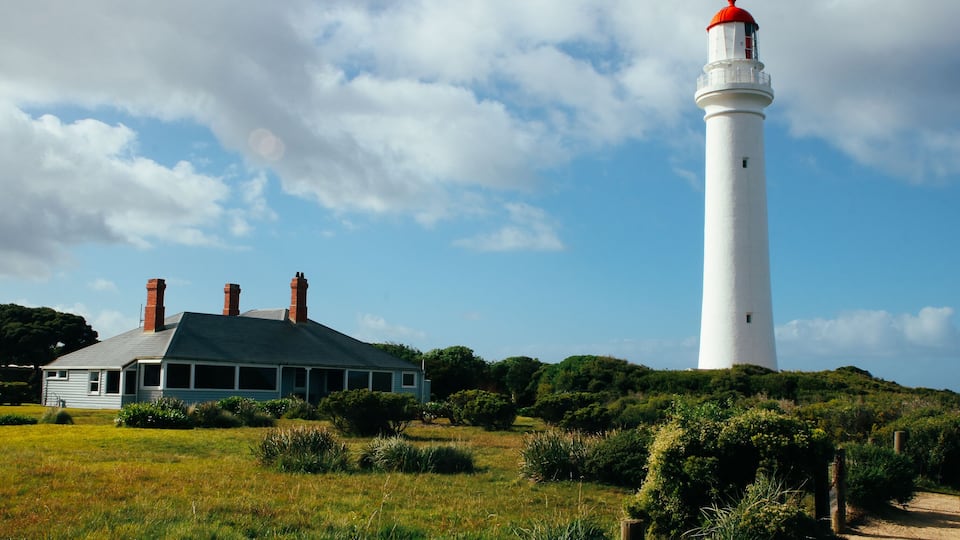 A white lighthouse with a red top, a house with a green roof, and a grassy field with bushes.