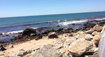 A rocky beach with waves crashing against the shore under a clear blue sky.