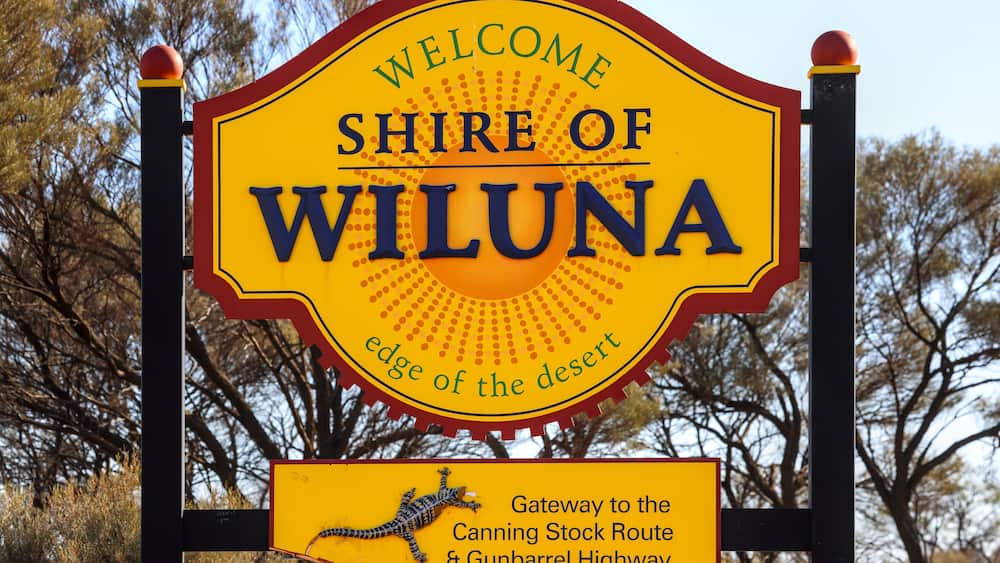 A welcome sign for the Shire of Wiluna with a desert landscape in the background.