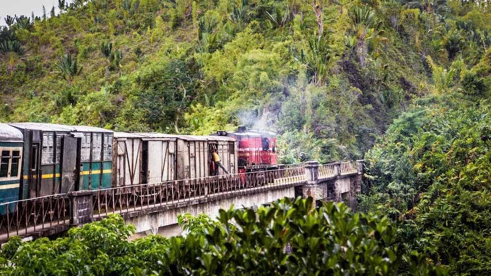 An Old train in Madagascar going through the jungle from Fianarantsoa to Manakara, A man gets to touch the bridge with his leg while the train is running.