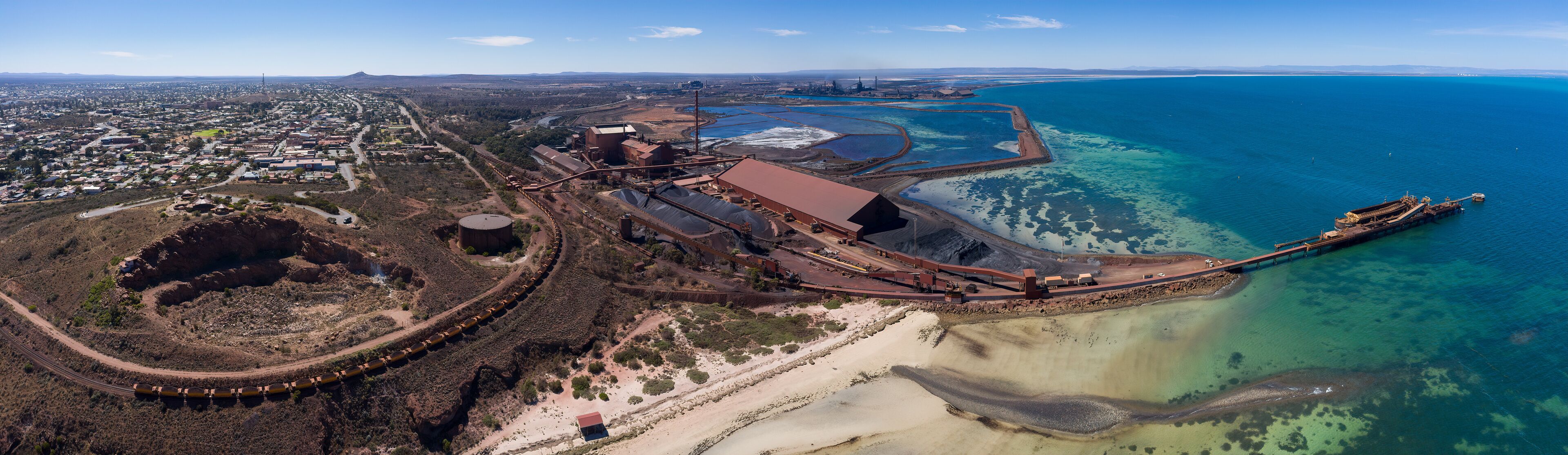 Sweeping panoramic view of the steelworks next to the town of Whyalla in South Australia