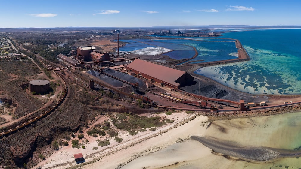 Sweeping panoramic view of the steelworks next to the town of Whyalla in South Australia