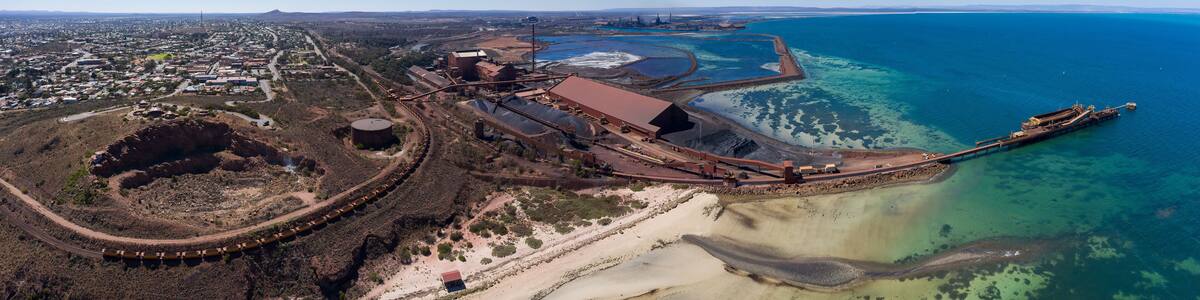 Sweeping panoramic view of the steelworks next to the town of Whyalla in South Australia