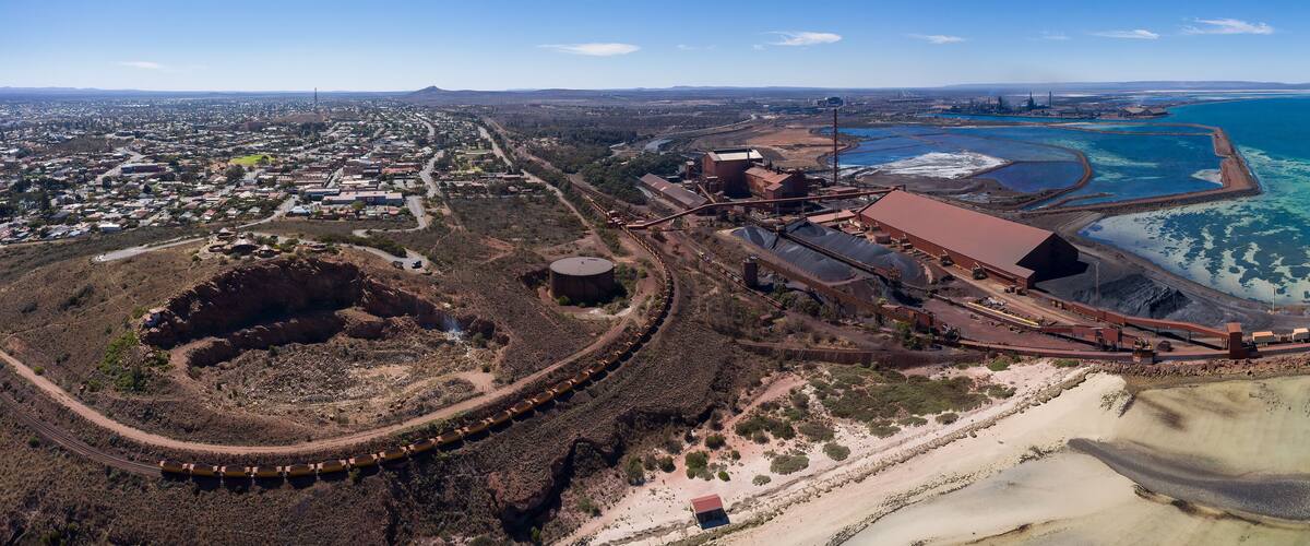 Sweeping panoramic view of the steelworks next to the town of Whyalla in South Australia