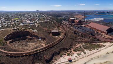 Sweeping panoramic view of the steelworks next to the town of Whyalla in South Australia