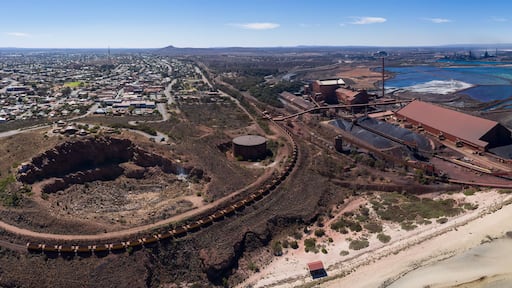 Sweeping panoramic view of the steelworks next to the town of Whyalla in South Australia