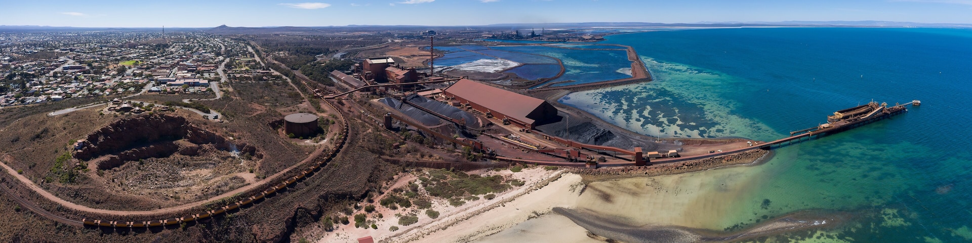 Sweeping panoramic view of the steelworks next to the town of Whyalla in South Australia